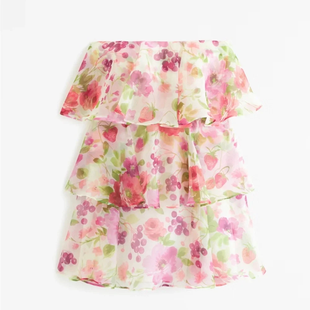 NWT Abercrombie & Fitch organza tiered dress in white floral - Picture 2 of 5